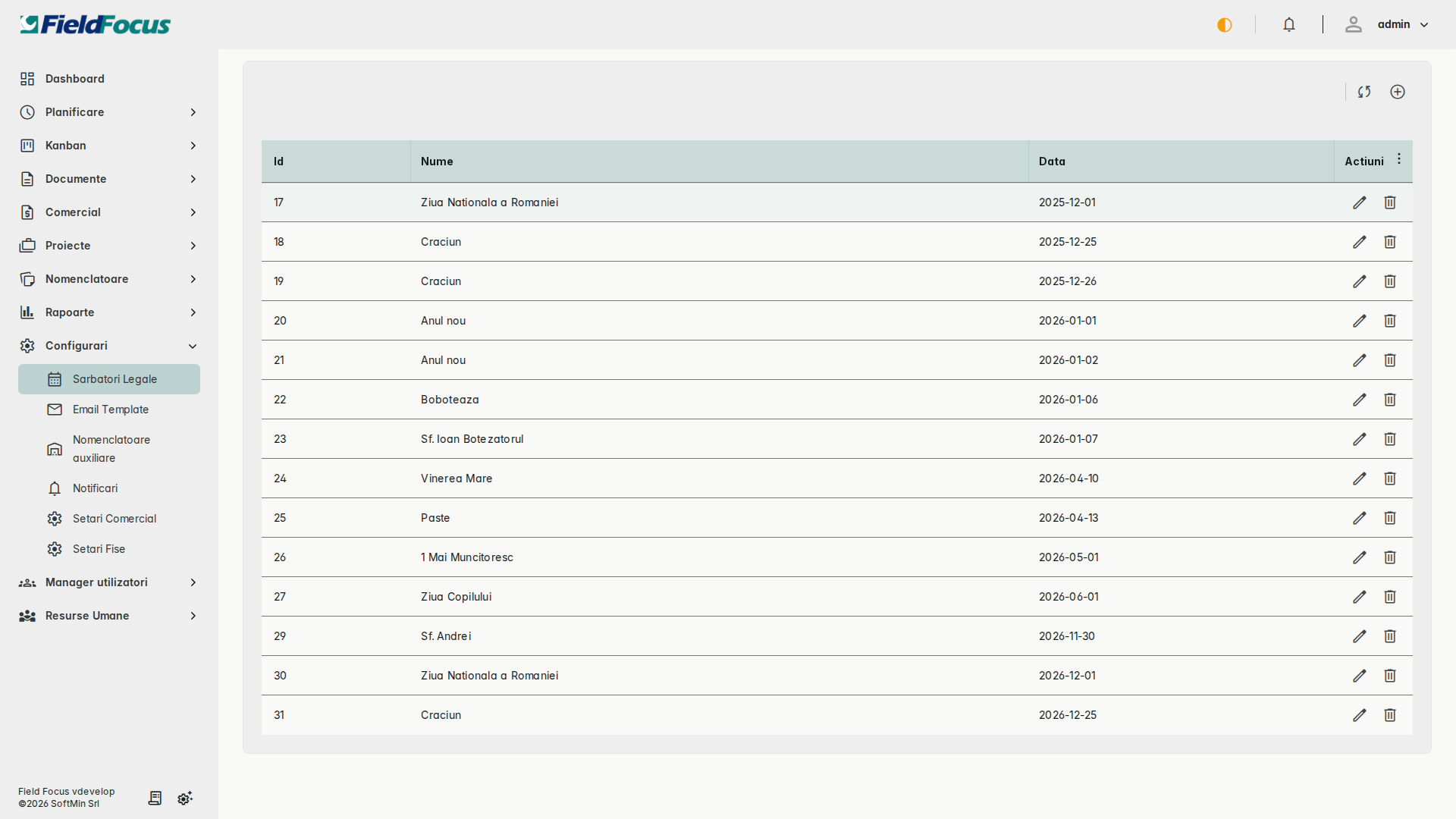 Pagina de configurări